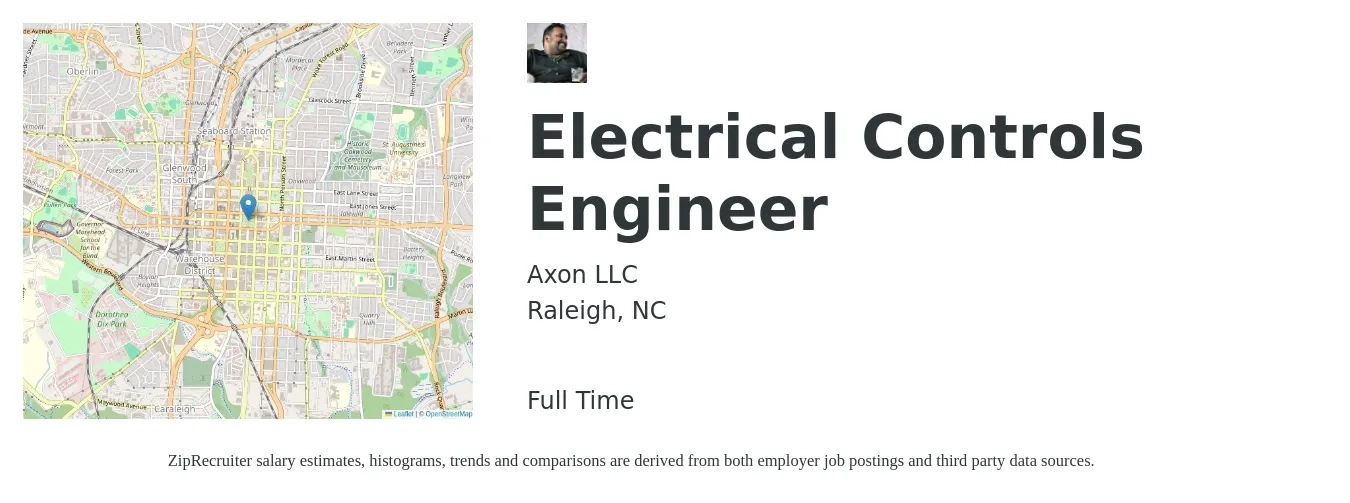 Axon LLC job posting for a Electrical Controls Engineer in Raleigh, NC with a salary of $77,800 to $104,000 Yearly with a map of Raleigh location.
