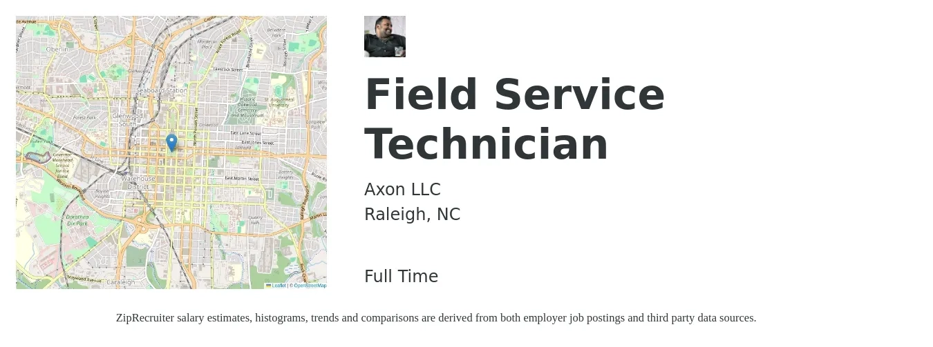 Axon LLC job posting for a Field Service Technician in Raleigh, NC with a salary of $20 to $29 Hourly with a map of Raleigh location.