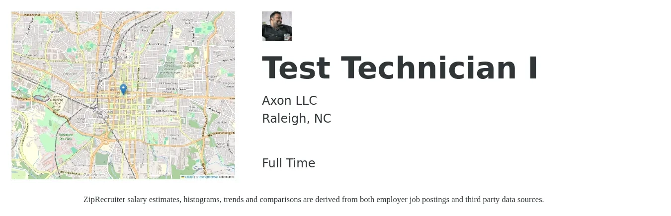 Axon LLC job posting for a Test Technician I in Raleigh, NC with a salary of $22 to $29 Hourly with a map of Raleigh location.