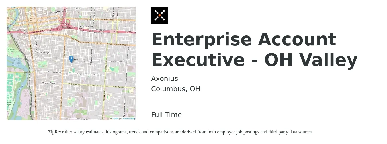 Axonius job posting for a Enterprise Account Executive - OH Valley in Columbus, OH with a salary of $77,300 to $130,400 Yearly with a map of Columbus location.