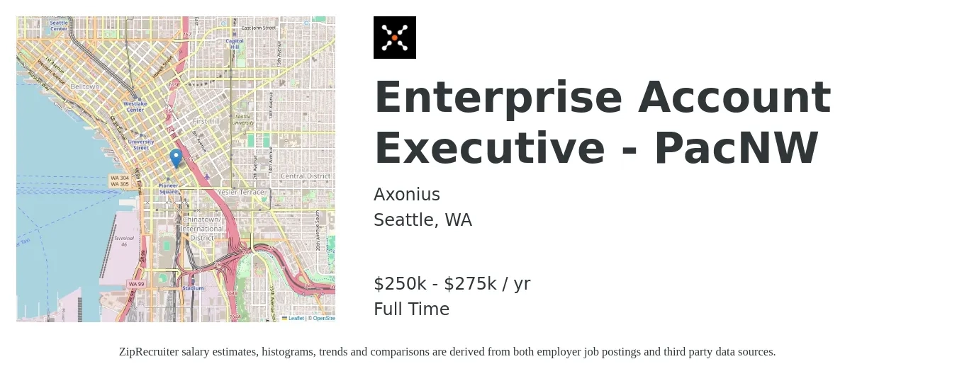 Axonius job posting for a Enterprise Account Executive - PacNW in Seattle, WA with a salary of $250,000 to $275,000 Yearly with a map of Seattle location.