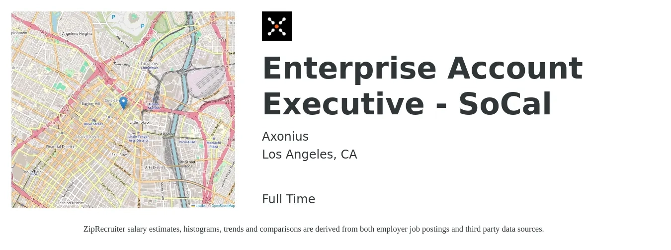 Axonius job posting for a Enterprise Account Executive - SoCal in Los Angeles, CA with a salary of $86,200 to $145,500 Yearly with a map of Los Angeles location.