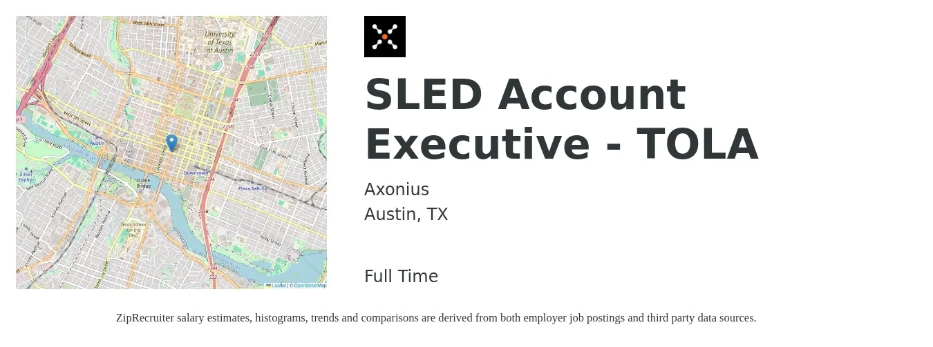 Axonius job posting for a SLED Account Executive - TOLA in Austin, TX with a salary of $53,500 to $94,200 Yearly with a map of Austin location.