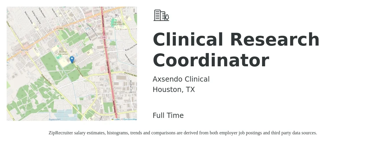 Axsendo Clinical job posting for a Clinical Research Coordinator in Houston, TX with a salary of $45,000 to $65,000 Yearly with a map of Houston location.