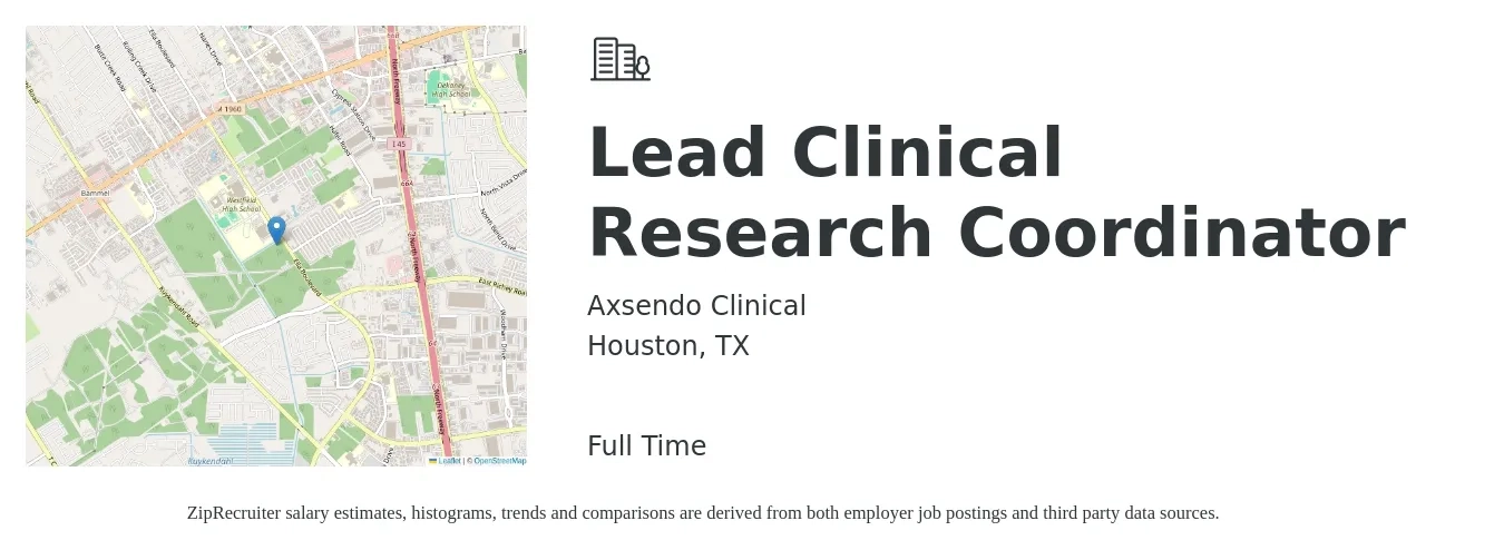 Axsendo Clinical job posting for a Lead Clinical Research Coordinator in Houston, TX with a salary of $65,000 to $85,000 Yearly with a map of Houston location.