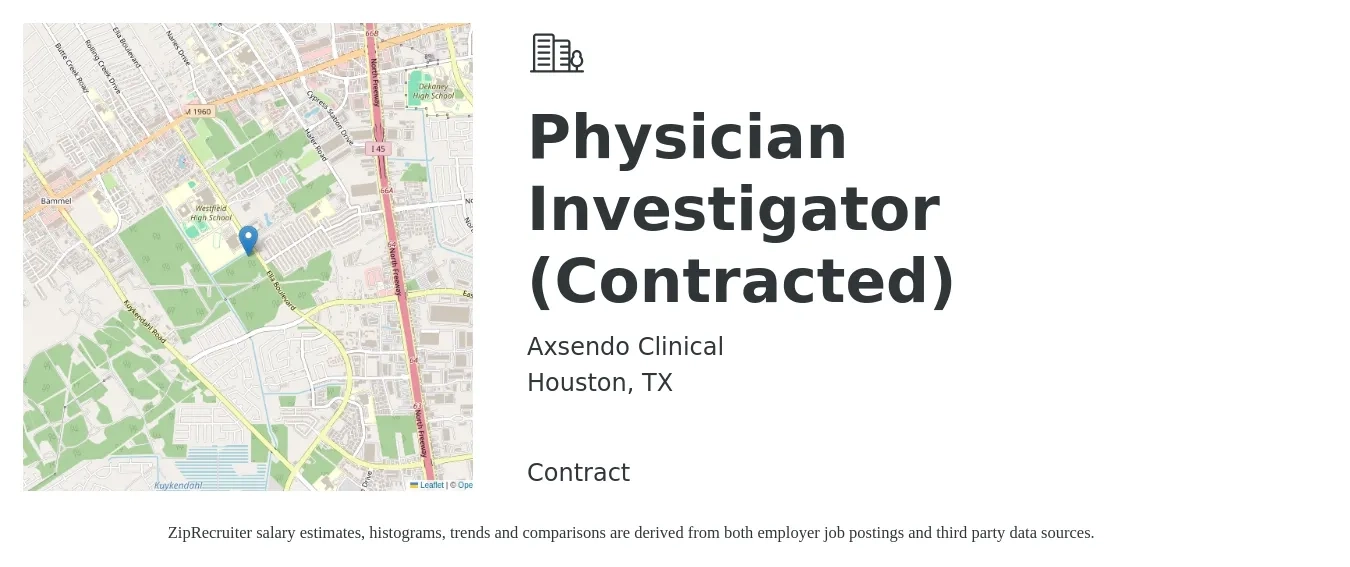 Axsendo Clinical job posting for a Physician Investigator (Contracted) in Houston, TX with a salary of $94,000 to $199,000 Yearly with a map of Houston location.