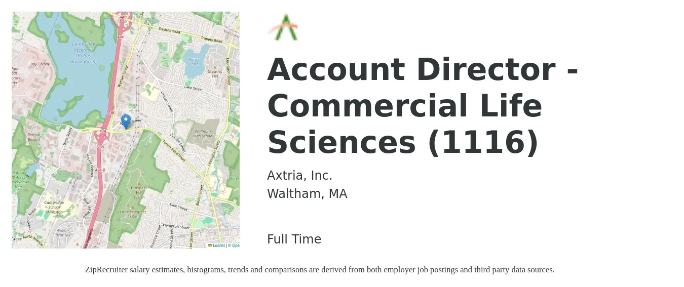 Axtria, Inc. job posting for a Account Director - Commercial Life Sciences (1116) in Waltham, MA with a salary of $103,500 to $133,500 Yearly with a map of Waltham location.