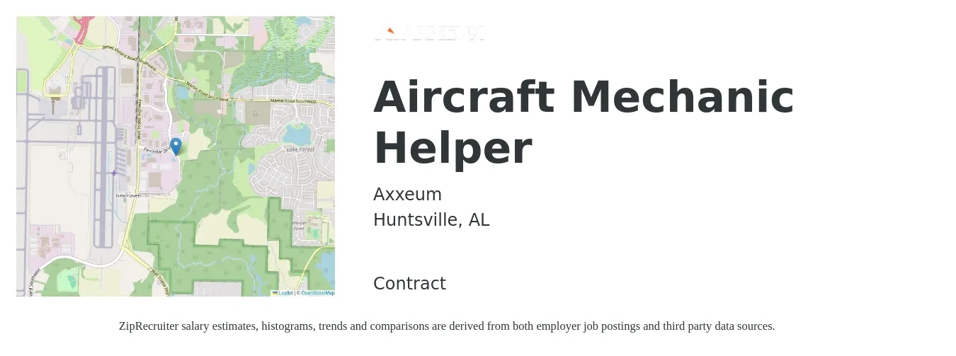 Axxeum job posting for a Aircraft Mechanic Helper in Huntsville, AL with a salary of $17 to $21 Hourly with a map of Huntsville location.