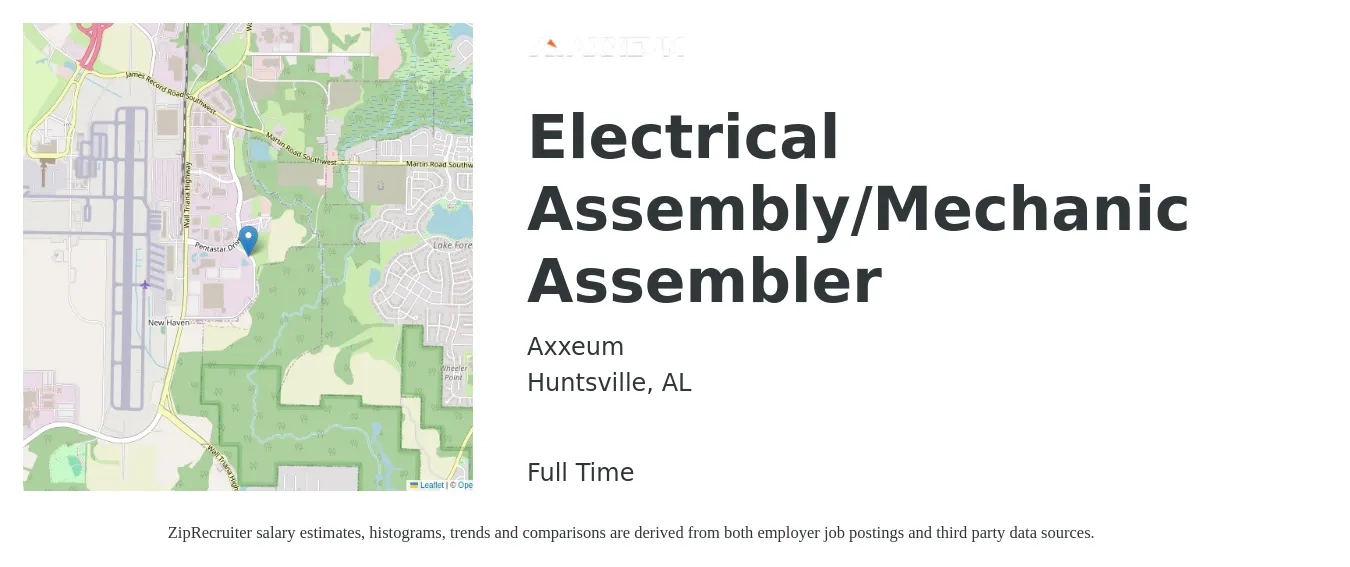 Axxeum job posting for a Electrical Assembly/Mechanic Assembler in Huntsville, AL with a salary of $16 to $21 Hourly with a map of Huntsville location.