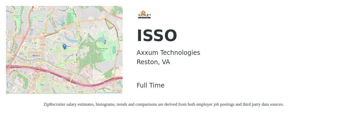 Axxum Technologies job posting for a ISSO in Reston, VA with a salary of $99,000 to $143,800 Yearly with a map of Reston location.