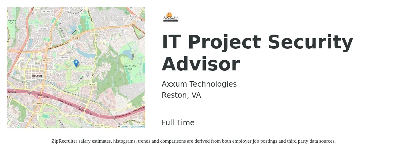 Axxum Technologies job posting for a IT Project Security Advisor in Reston, VA with a salary of $52 to $78 Hourly with a map of Reston location.