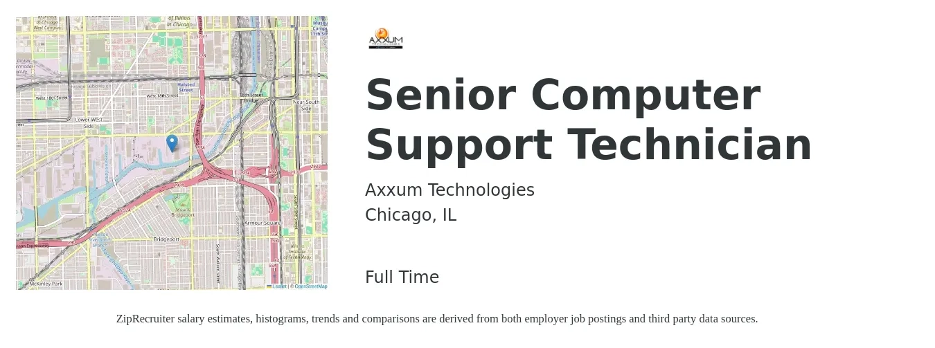 Axxum Technologies job posting for a Senior Computer Support Technician in Chicago, IL with a salary of $19 to $28 Hourly with a map of Chicago location.