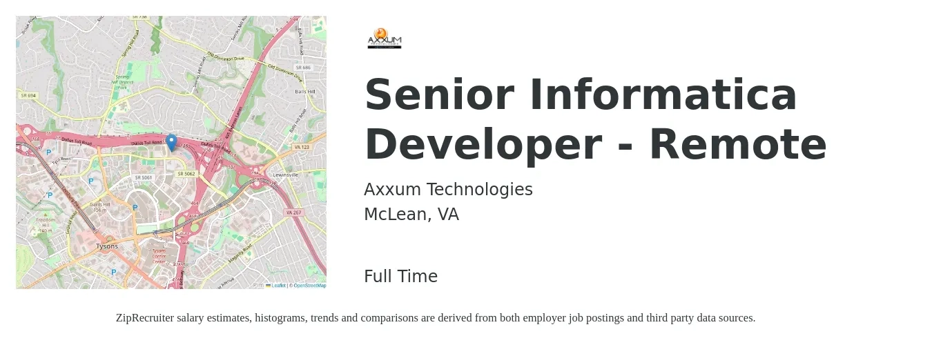 Axxum Technologies job posting for a Senior Informatica Developer - Remote in McLean, VA with a salary of $62 to $77 Hourly with a map of McLean location.