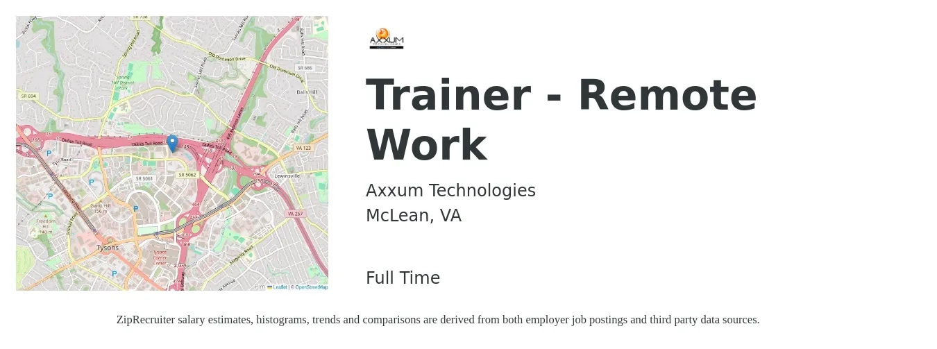 Axxum Technologies job posting for a Trainer - Remote Work in McLean, VA with a salary of $20 to $31 Hourly with a map of McLean location.