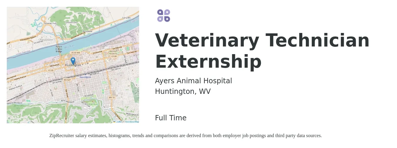 Ayers Animal Hospital job posting for a Veterinary Technician Externship in Huntington, WV with a salary of $18 to $25 Hourly with a map of Huntington location.