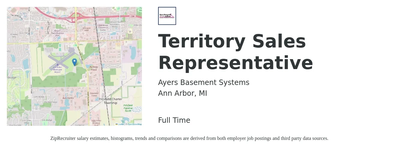 Ayers Basement Systems job posting for a Territory Sales Representative in Ann Arbor, MI with a salary of $165,000 to $300,000 Yearly with a map of Ann Arbor location.