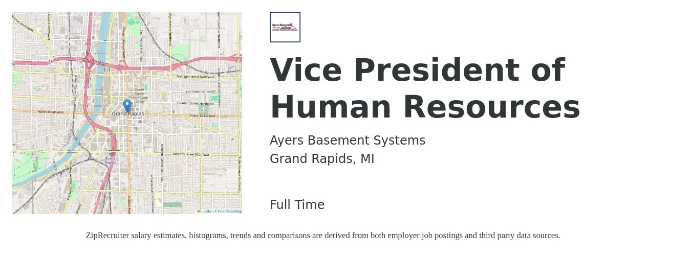 Ayers Basement Systems job posting for a Vice President of Human Resources in Grand Rapids, MI with a salary of $115,200 to $175,100 Yearly with a map of Grand Rapids location.