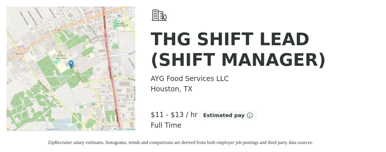 AYG Food Services LLC job posting for a THG SHIFT LEAD (SHIFT MANAGER) in Houston, TX with a salary of $14 to $17 Hourly with a map of Houston location.