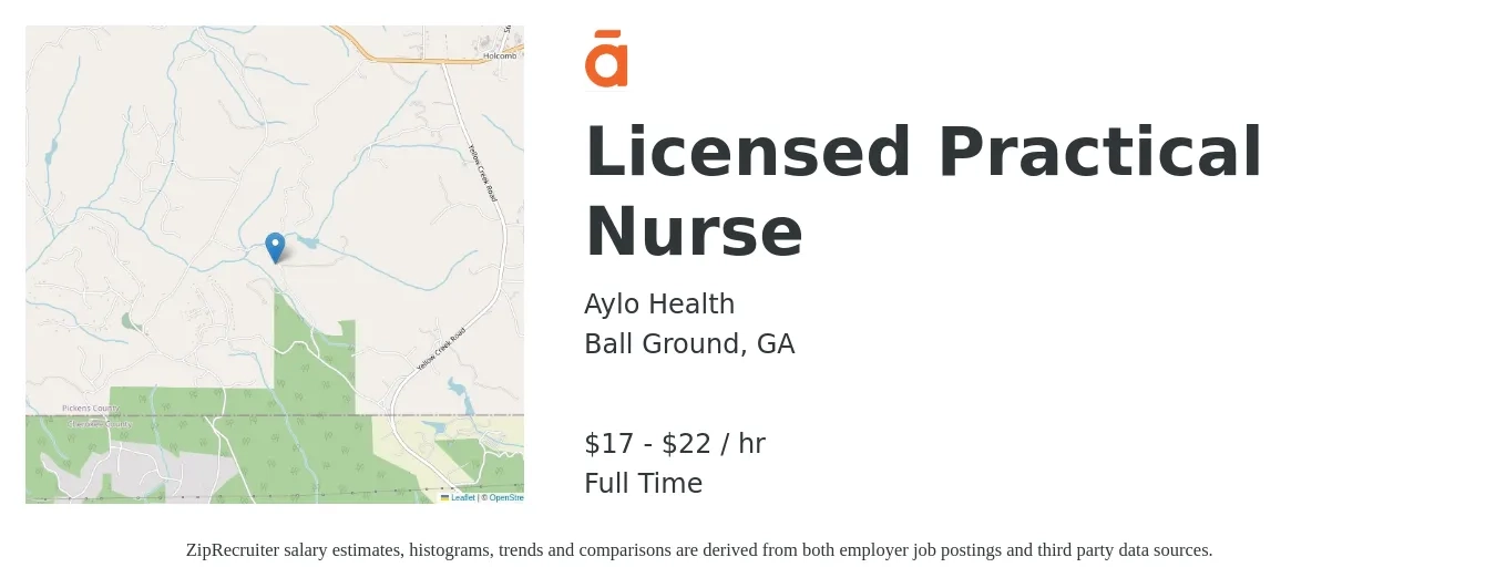 Aylo Health job posting for a Licensed Practical Nurse in Ball Ground, GA with a salary of $18 to $23 Hourly with a map of Ball Ground location.