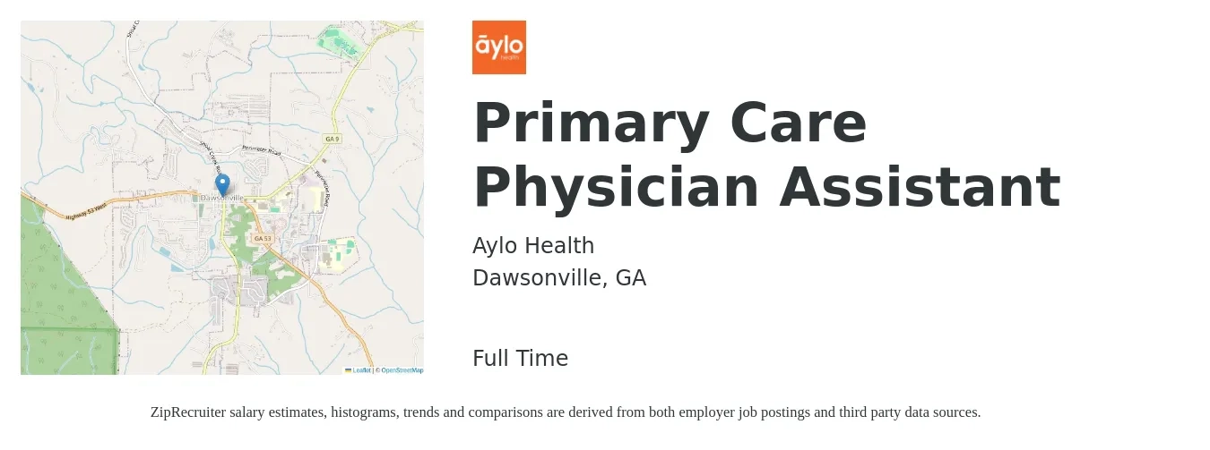 Aylo Health job posting for a Primary Care Physician Assistant in Dawsonville, GA with a salary of $86,800 to $117,600 Yearly with a map of Dawsonville location.