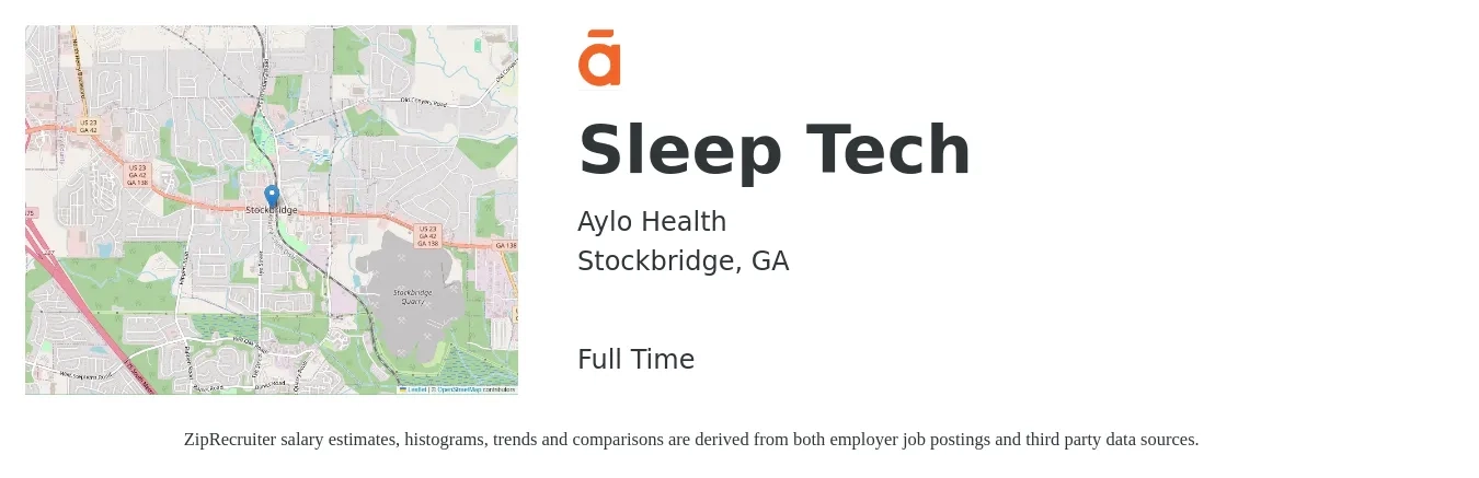 Aylo Health job posting for a Sleep Tech in Stockbridge, GA with a salary of $20 to $31 Hourly with a map of Stockbridge location.