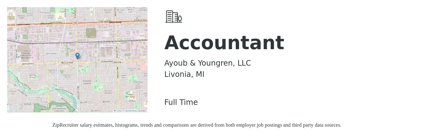 Ayoub & Youngren, LLC job posting for a Accountant in Livonia, MI with a salary of $40,000 to $50,000 Yearly with a map of Livonia location.