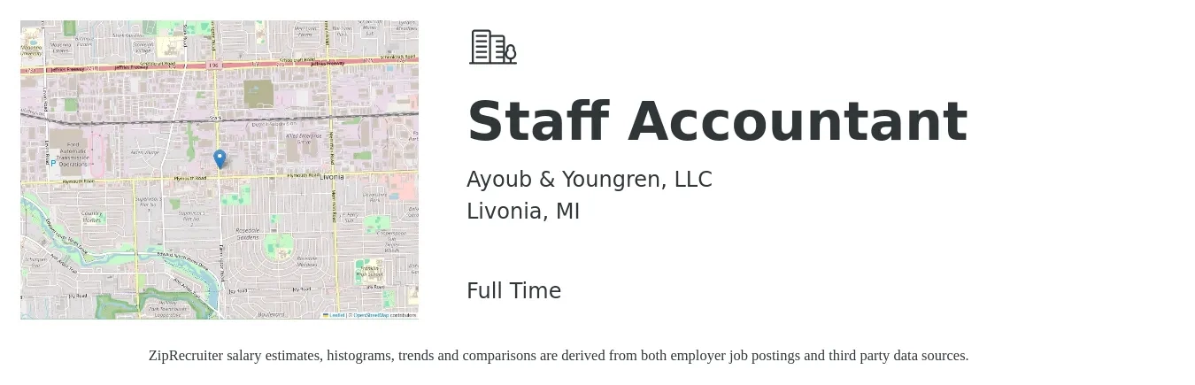 Ayoub & Youngren, LLC job posting for a Staff Accountant in Livonia, MI with a salary of $55,000 to $70,000 Yearly with a map of Livonia location.