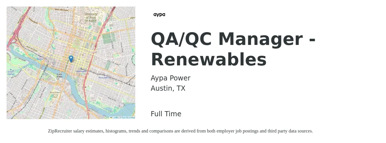 Aypa Power job posting for a QA/QC Manager - Renewables in Austin, TX with a salary of $60,000 to $99,100 Yearly with a map of Austin location.