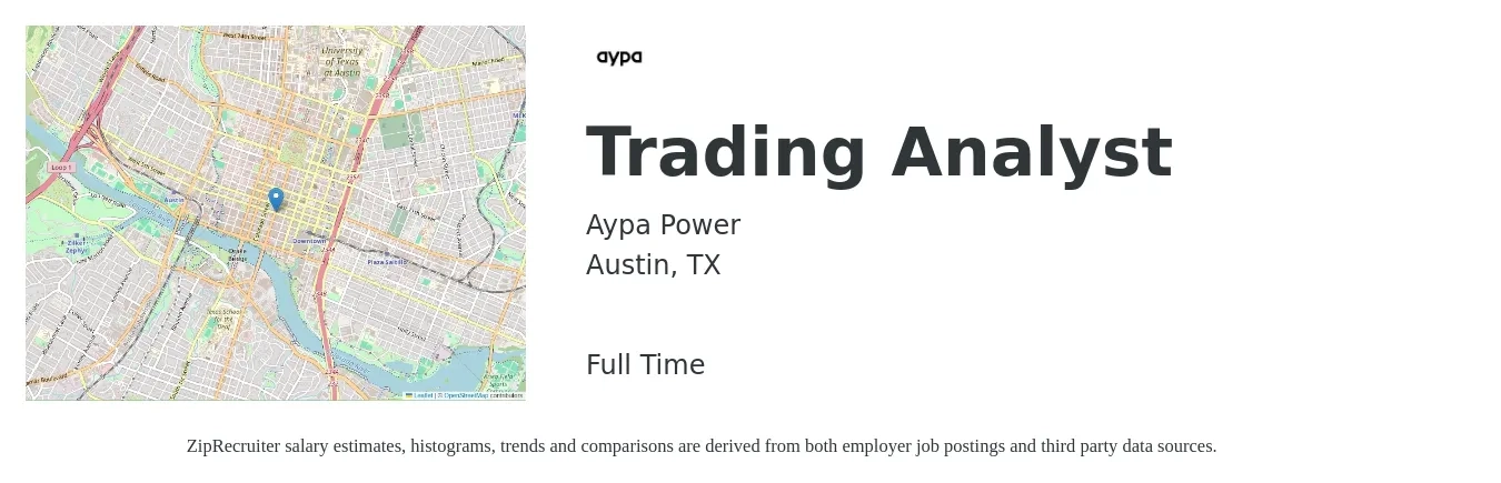 Aypa Power job posting for a Trading Analyst in Austin, TX with a salary of $51,600 to $96,400 Yearly with a map of Austin location.