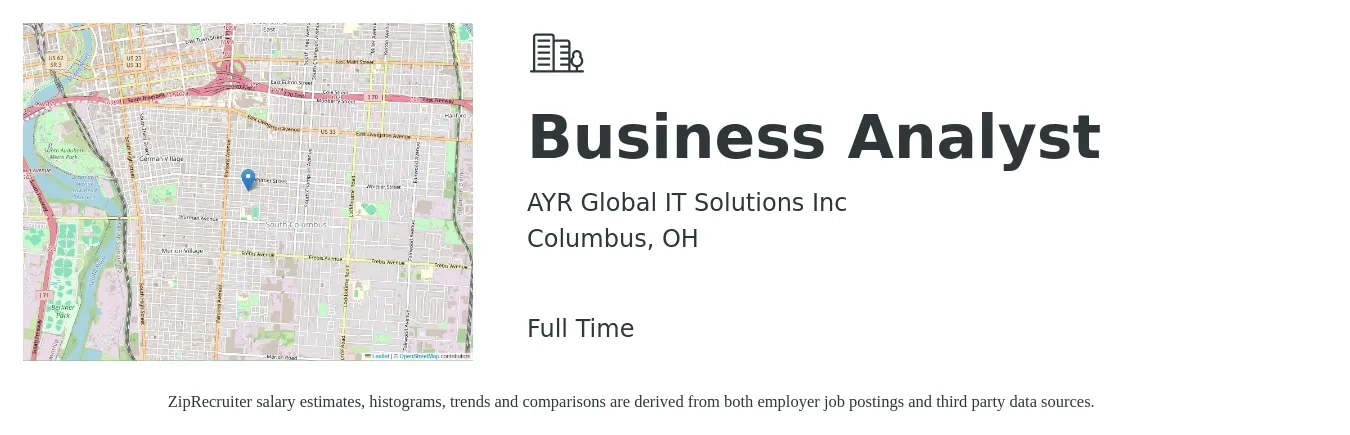 AYR Global IT Solutions Inc job posting for a Business Analyst in Columbus, OH with a salary of $36 to $60 Hourly with a map of Columbus location.