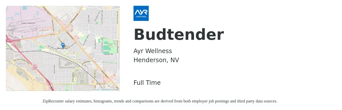 Ayr Wellness job posting for a Budtender in Henderson, NV with a salary of $9 to $14 Hourly with a map of Henderson location.