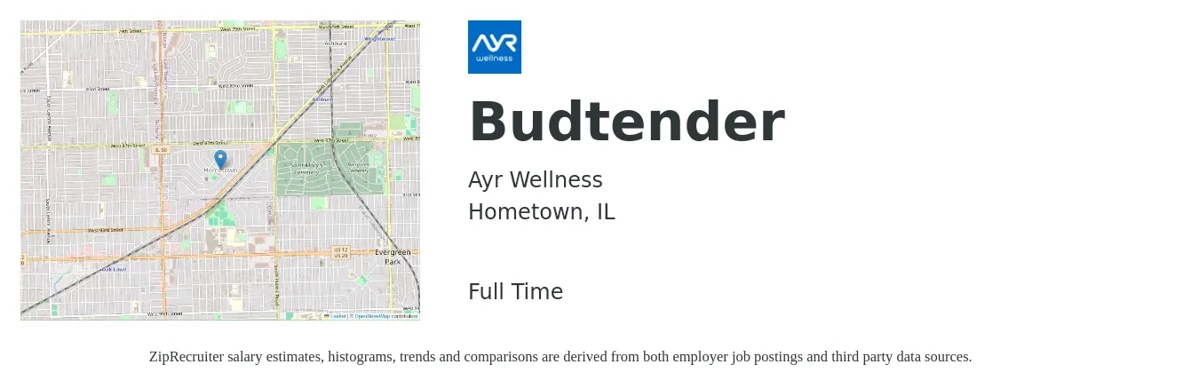Ayr Wellness job posting for a Budtender in Hometown, IL with a salary of $10 to $15 Hourly with a map of Hometown location.