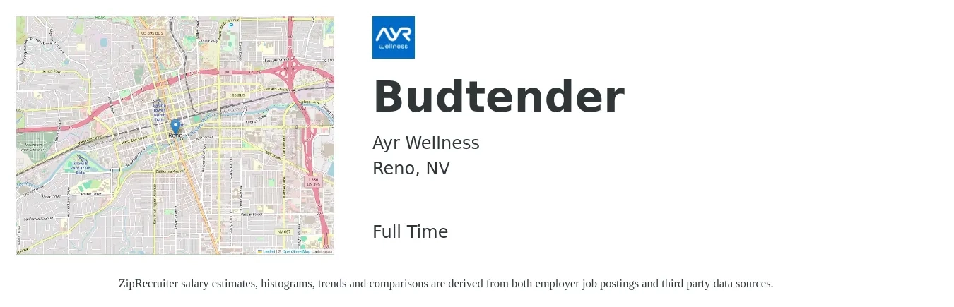 Ayr Wellness job posting for a Budtender in Reno, NV with a salary of $10 to $15 Hourly with a map of Reno location.