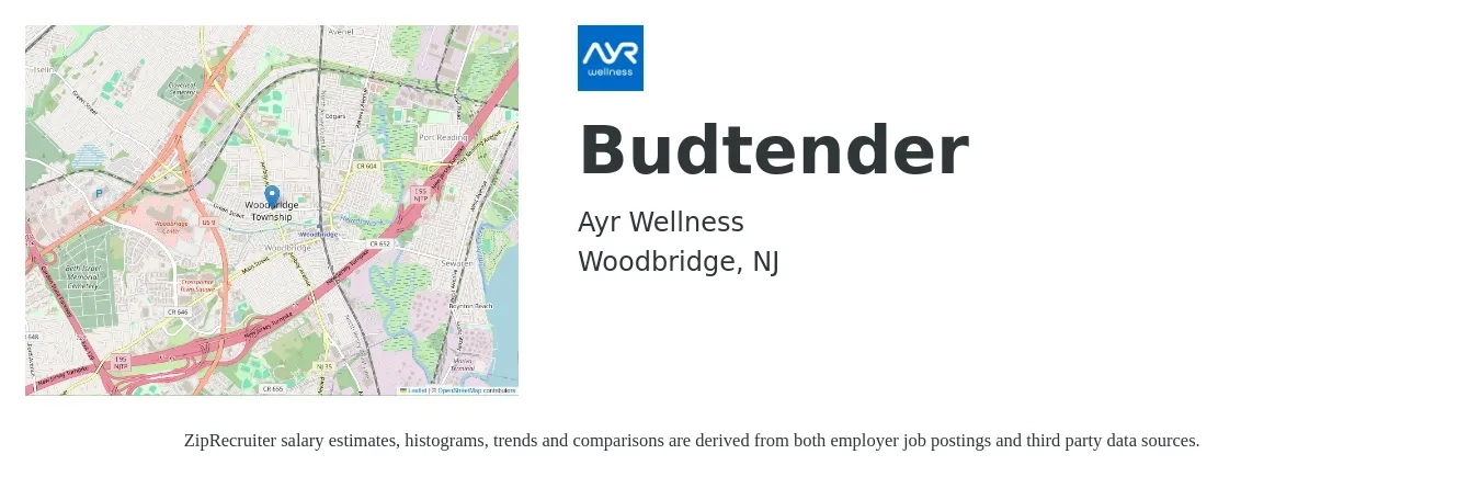 Ayr Wellness job posting for a Budtender in Woodbridge, NJ with a salary of $10 to $15 Hourly with a map of Woodbridge location.