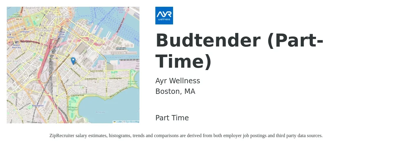 Ayr Wellness job posting for a Budtender (Part-Time) in Boston, MA with a salary of $17 to $22 Hourly with a map of Boston location.