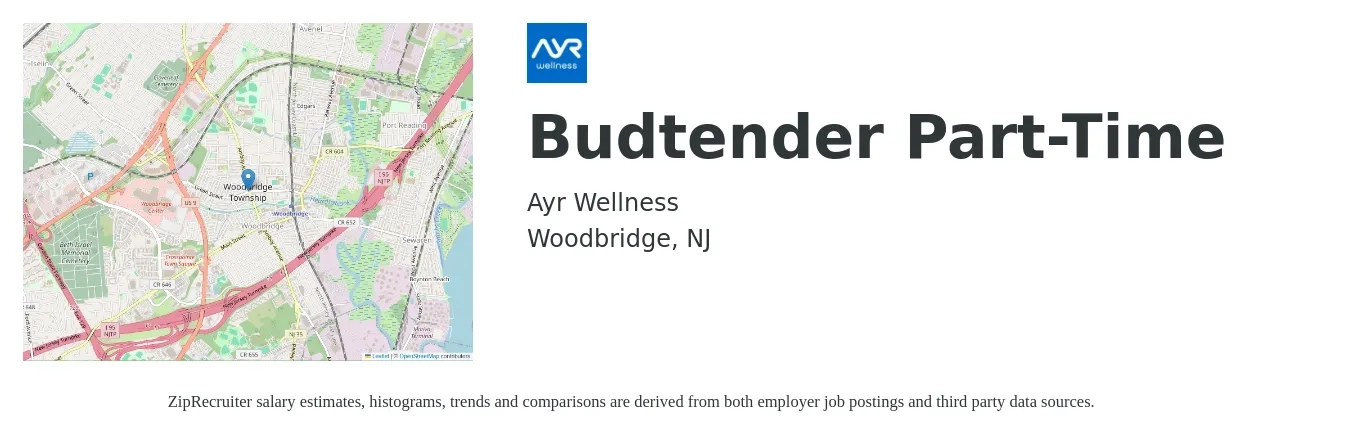 Ayr Wellness job posting for a Budtender Part-Time in Woodbridge, NJ with a salary of $16 to $20 Hourly with a map of Woodbridge location.