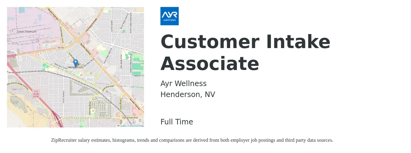 Ayr Wellness job posting for a Customer Intake Associate in Henderson, NV with a salary of $14 to $18 Hourly with a map of Henderson location.