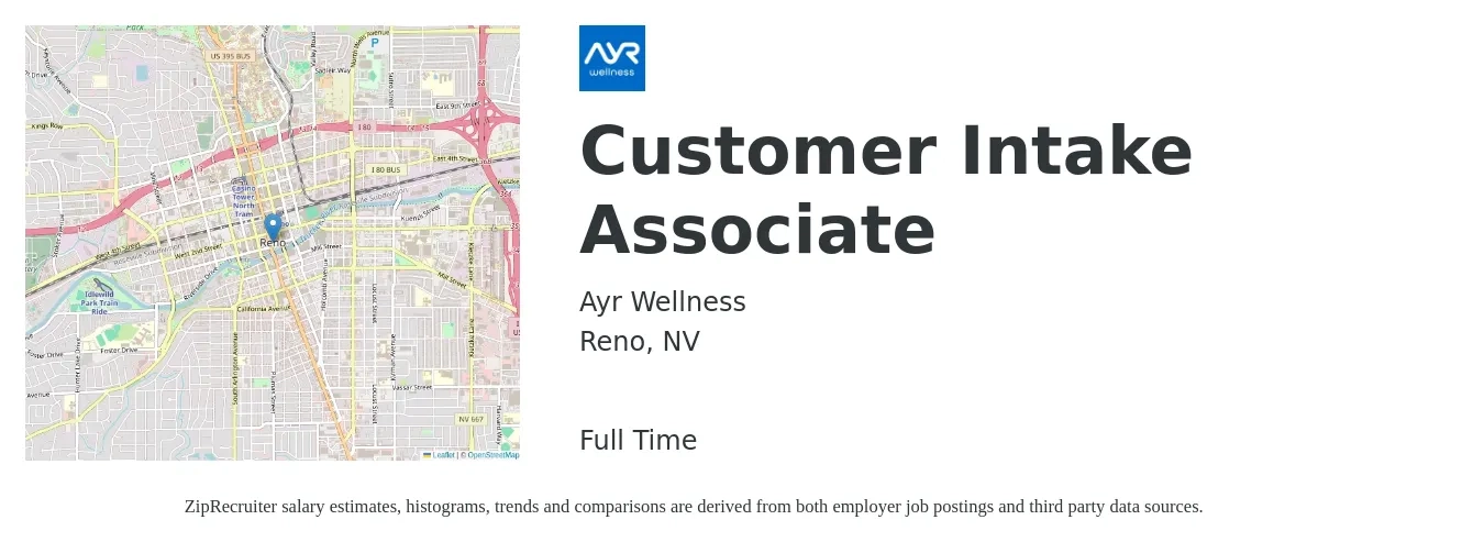 Ayr Wellness job posting for a Customer Intake Associate in Reno, NV with a salary of $14 to $20 Hourly with a map of Reno location.