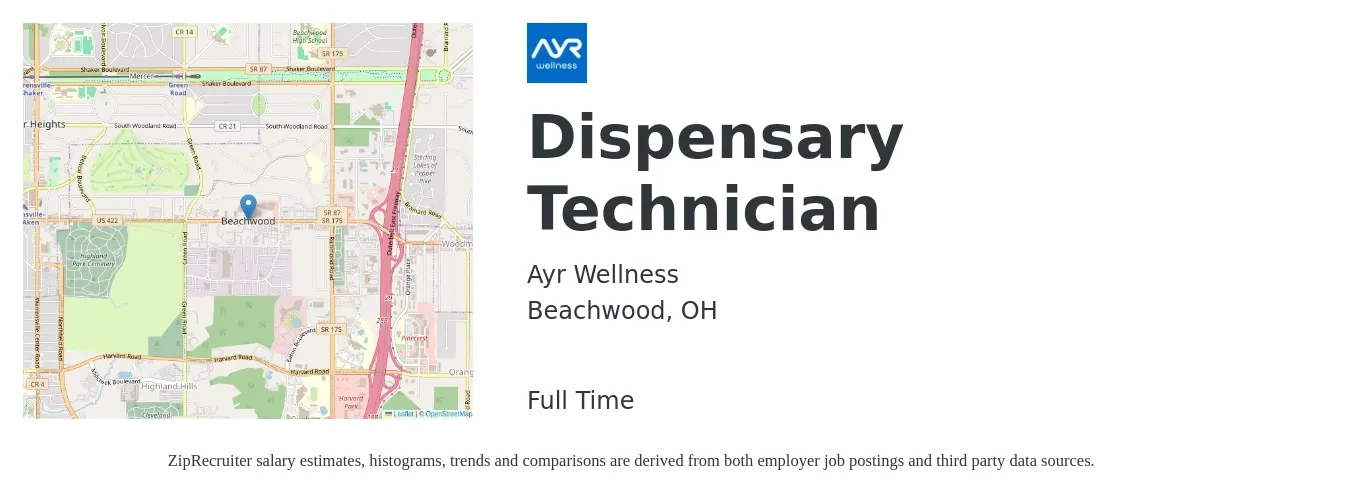 Ayr Wellness job posting for a Dispensary Technician in Beachwood, OH with a salary of $20 to $28 Hourly with a map of Beachwood location.
