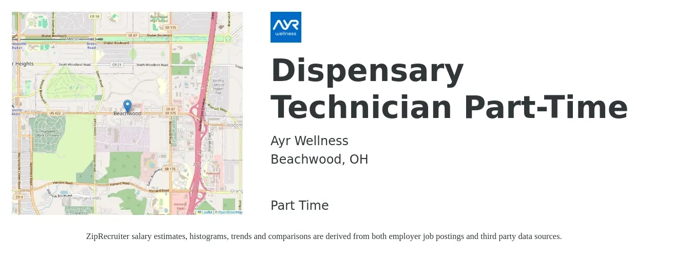 Ayr Wellness job posting for a Dispensary Technician Part-Time in Beachwood, OH with a salary of $14 to $18 Hourly with a map of Beachwood location.