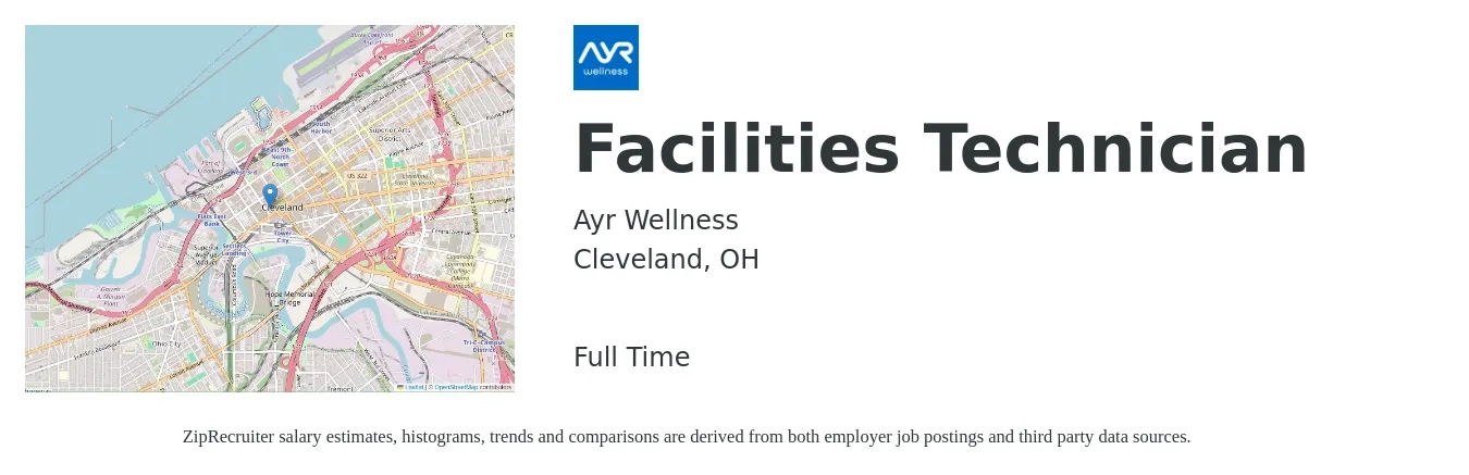 Ayr Wellness job posting for a Facilities Technician in Cleveland, OH with a salary of $19 to $27 Hourly with a map of Cleveland location.