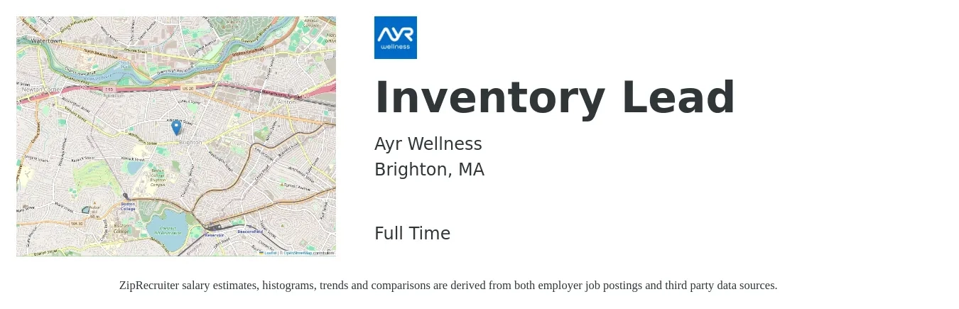 Ayr Wellness job posting for a Inventory Lead in Brighton, MA with a salary of $43,600 to $69,700 Yearly with a map of Brighton location.