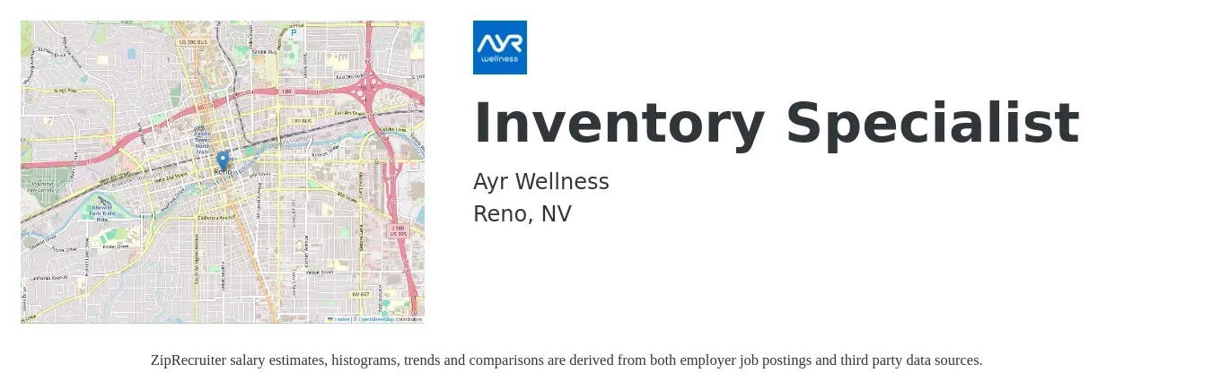 Ayr Wellness job posting for a Inventory Specialist in Reno, NV with a salary of $18 to $22 Hourly with a map of Reno location.