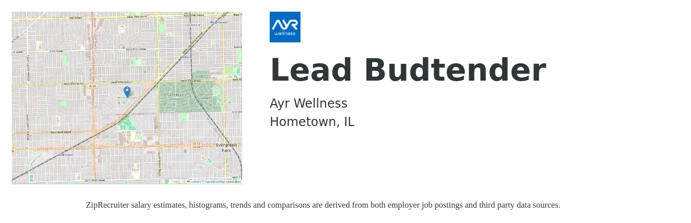 Ayr Wellness job posting for a Lead Budtender in Hometown, IL with a map of Hometown location.