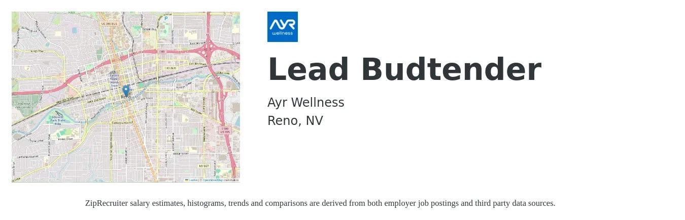 Ayr Wellness job posting for a Lead Budtender in Reno, NV with a salary of $19 to $29 Hourly with a map of Reno location.