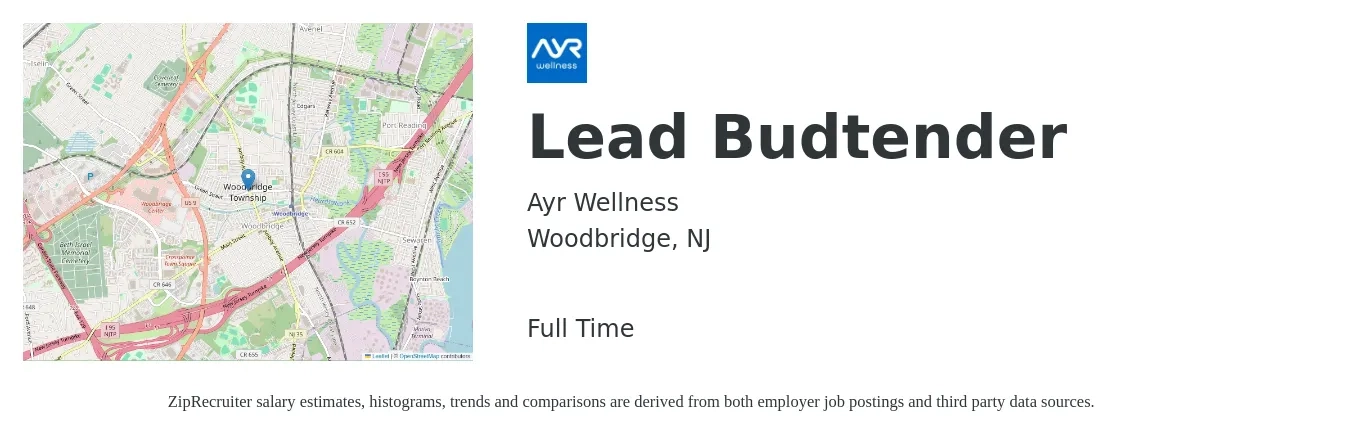 Ayr Wellness job posting for a Lead Budtender in Woodbridge, NJ with a salary of $19 to $29 Hourly with a map of Woodbridge location.