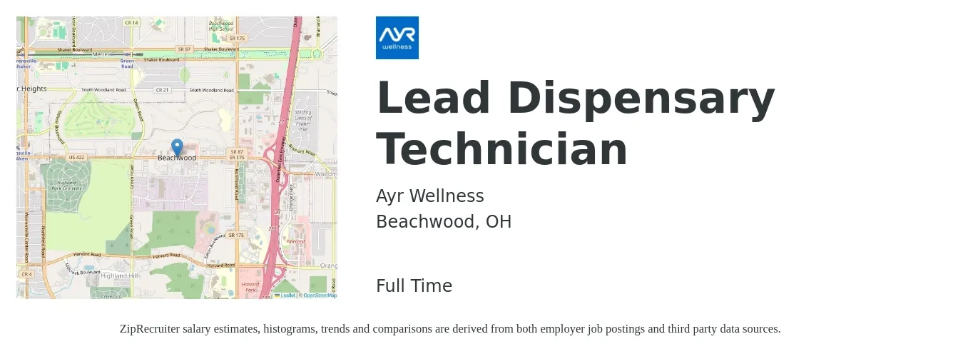 Ayr Wellness job posting for a Lead Dispensary Technician in Beachwood, OH with a salary of $42,300 to $54,800 Yearly with a map of Beachwood location.