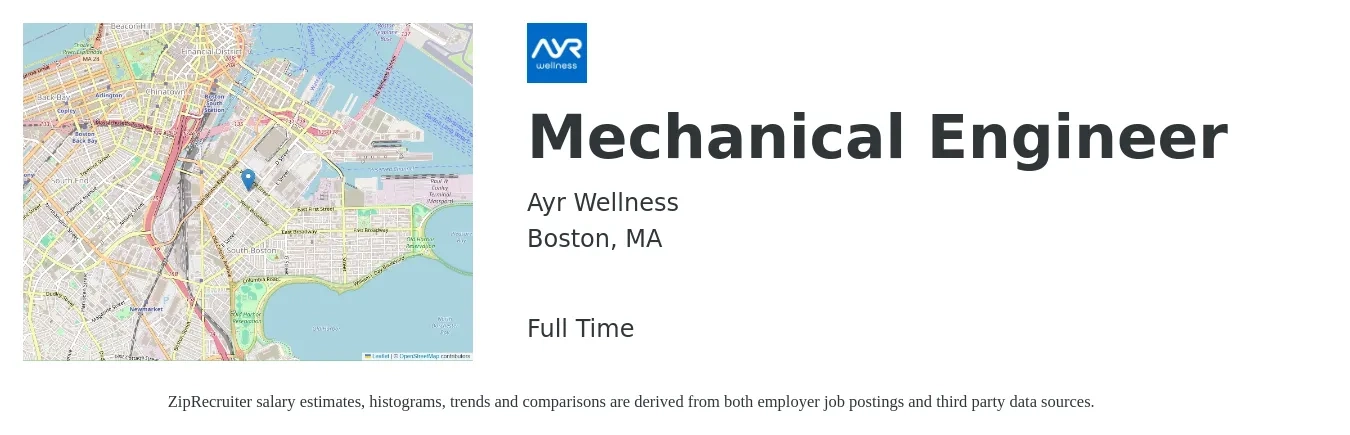 Ayr Wellness job posting for a Mechanical Engineer in Boston, MA with a salary of $88,500 to $137,400 Yearly with a map of Boston location.