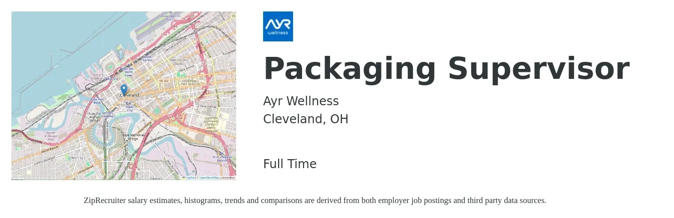 Ayr Wellness job posting for a Packaging Supervisor in Cleveland, OH with a salary of $46,100 to $67,900 Yearly with a map of Cleveland location.