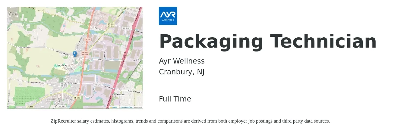 Ayr Wellness job posting for a Packaging Technician in Cranbury, NJ with a salary of $17 to $21 Hourly with a map of Cranbury location.
